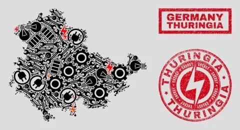 Electric Mosaic Thuringia Land Map and Snowflakes and Scratched Stamps Illustrazione stock