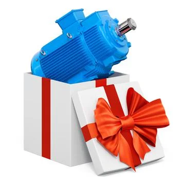 Electric motor inside gift box, present concept. 3D rendering Stock Illustration
