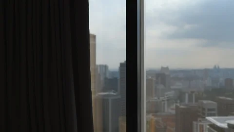 Electric Motorized Automated Remote Controlled Curtains On Window In Hotel Stock Footage 87168762