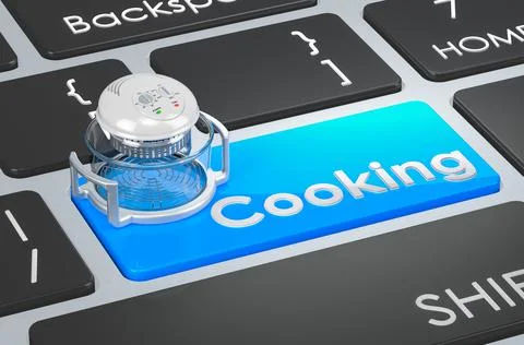 Electric Multi-function Air Fryer Oven on keyboard. Cooking blue key, 3D rend Stock Illustration