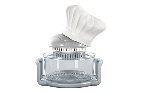 Electric Multi-function Air Fryer Oven with Chefs Hat, cooking concept. 3D re Stock Illustration