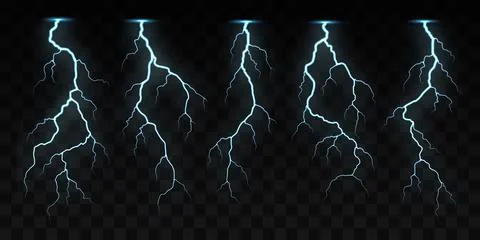 Electric or lightning strikes, vector flashes set Stock Illustration