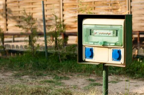Electric panel in camping Stock Photos