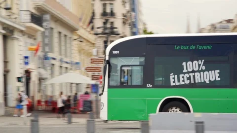 Electric passenger bus, environmentally friendly green energy, Marseille, France Stock Footage 93737606