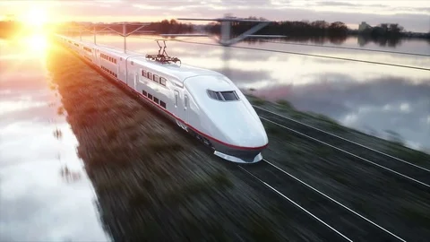 Electric passenger train. Very fast driving. journey and travel concept. Stock Footage