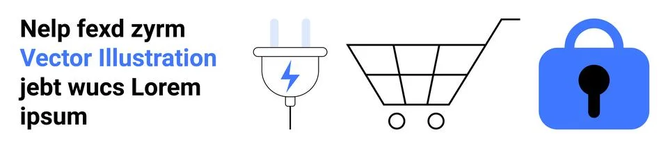 Electric plug with a blue lightning bolt, wireframe shopping cart, blue lock  Stock Illustration