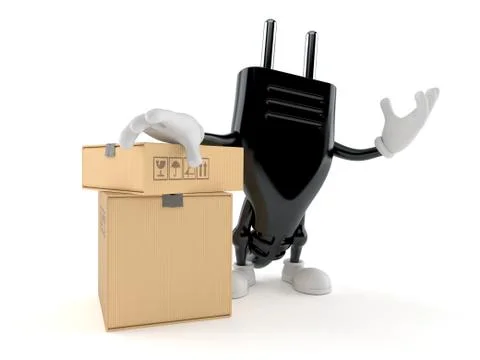 Electric plug character with stack of boxes Stock Illustration