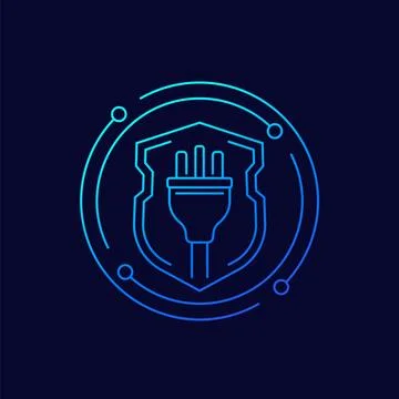 Electric plug with shield icon, linear design Stock Illustration