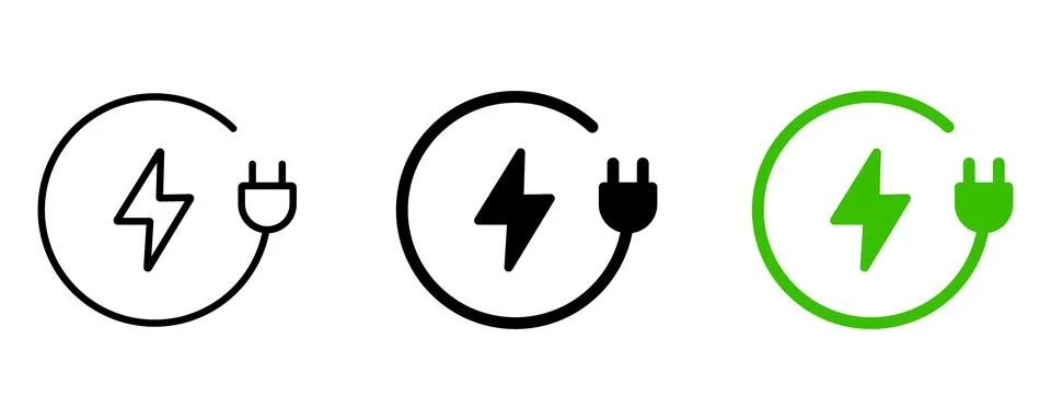 Electric plug symbol with lightning bolt and circular arrow in black Stock Illustration