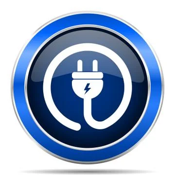 Electric plug vector icon. Modern design blue silver metallic glossy web and  Stock Illustration