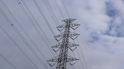 Electric pole and electrical wire isolated on blue sky and white cloud Stock Footage 139599633