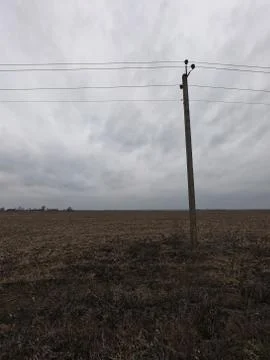 Electric pole in a field on a cloudy evening. Stock Photos