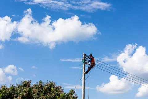 Electric pole for install new cable on light poles Stock Photos
