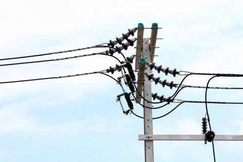 Electric pole power Tangle wire danger, wire electrical energy at street road Stock Photos