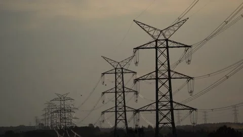 Electric poles at sunset Stock Footage 148503786
