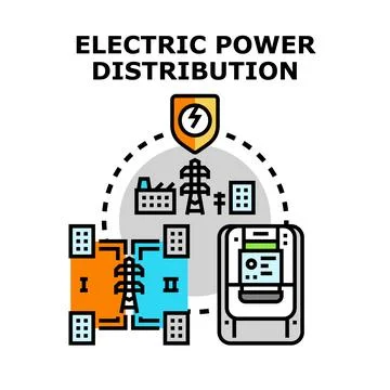 Electric power distribution network supplying buildings diagram Ilustración de archivo