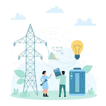 Electric power distribution, tiny people connect light bulb with high voltage Stock Illustration