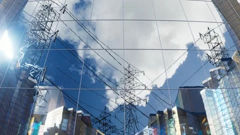 Electric Power Grid Reflected in Glass Cityscape Timelapse Stock Footage 317485337