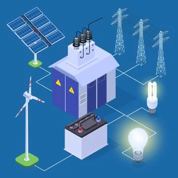 Electric power isometric vector concept with energy generator and solar panels Stock Illustration