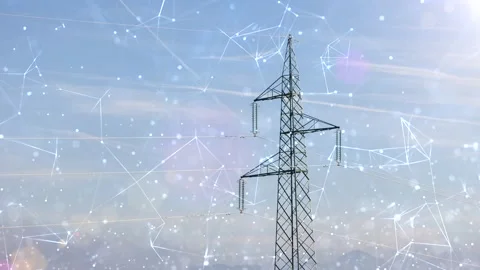 Electric power line with digital connection lines and dots Stock Footage 231634992