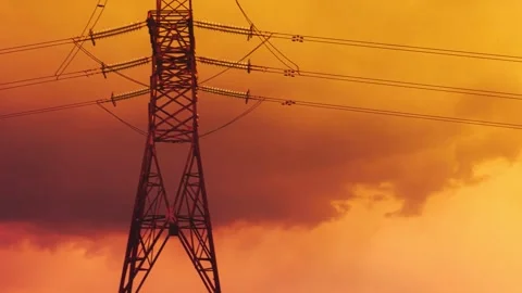 Electric Power Line Tower at Sunset in Time Lapse Cinematic Scene Stock Footage 309143566
