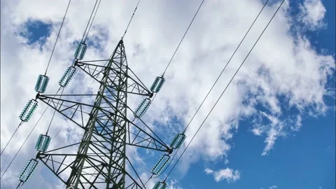Electric power lines and cloudy sky, timelapse 4K Video stock 132427716