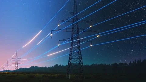 Electric Power Lines VFX Moving Night Stock Footage 243641852