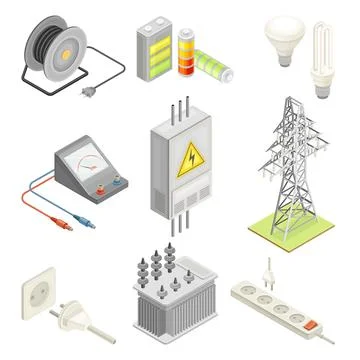 Electric Power Objects with Breaker Box, Socket and Lightbulb Isometric Vector Stock Illustration