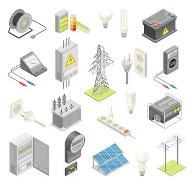 Electric Power Objects with Breaker Box, Socket, Accumulator and Lightbulb Stock Illustration