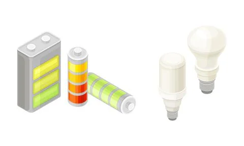 Electric power objects set. Battery, light bulbs and plug isometric vector Illustrazione stock