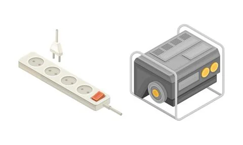 Electric power objects set. Generator, socket and plug isometric vector Illustrazione stock