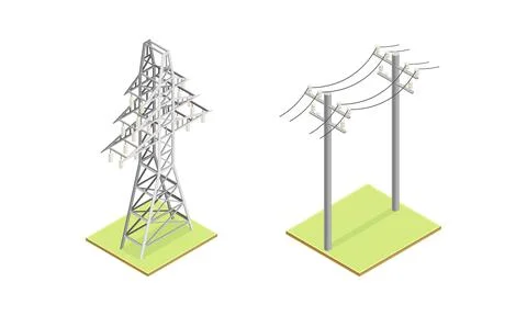 Electric power objects set. High voltage electricity power transmission grid Stock Illustration