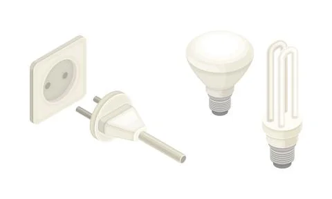 Electric power objects set. Light bulbs, socket and plug isometric vector 스톡 일러스트