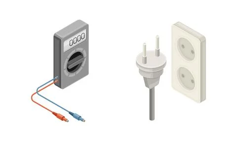 Electric power objects set. Voltmeter, socket and plug isometric vector 스톡 일러스트
