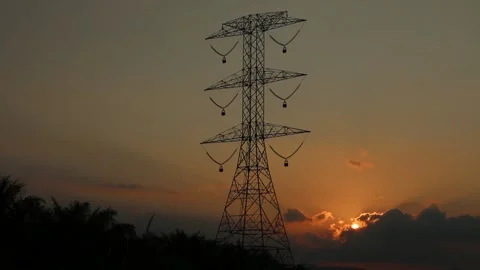 Electric power pylons at sunset. Stock Footage 132229430