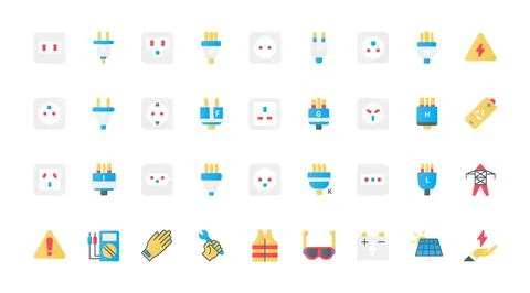 Electric power socket types flat icons set, outlets of different country Stock Illustration