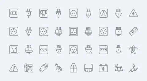 Electric power socket types thin line icons set, outlets of different country Stock Illustration