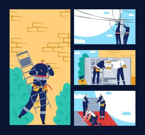 Electric professional occupation, engineer make electricity repair, vector Illustrazione stock