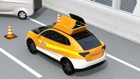 Electric rescue SUV released drone to recording car accident on highway Stock Footage 97805247