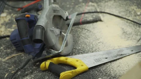 Electric saw repair sawdust Stock Footage