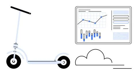 Electric scooter, data analytics dashboard with charts, cloud graphic. Ideal  Stock Illustration
