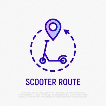 Electric scooter route with pointer. Thin line icon Illustrazione stock