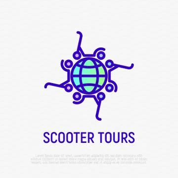 Electric scooters around globe thin line icon. Green transport. Scooter tours Stock Illustration