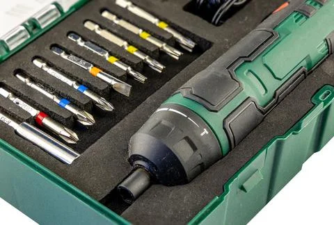 Electric screwdriver with interchangeable tips, flat, Phillips, Pozidriv, T.. Stock Photos