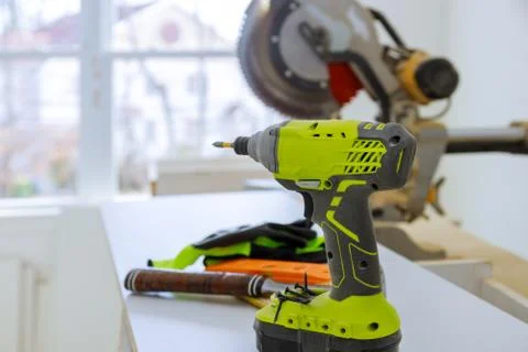 Electric screwdriver on the power tools construction site Stock Photos