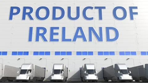 Electric semi-trailer trucks at warehouse loading dock with PRODUCT OF IRELAND Stock Illustration