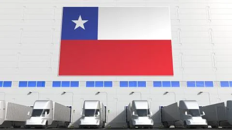 Electric semi-trailer trucks at warehouse loading dock with flag of CHILE Stock Illustration
