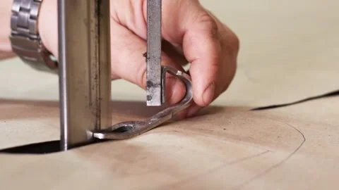 Electric sewing machine cuts fabric. Sewing production line. Textile cutting Stock-Footage 151205474