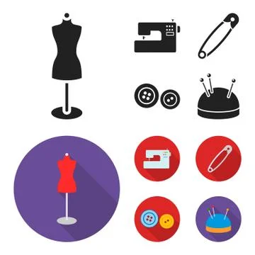 Electric sewing machine, dummy on the stand, pin, buttons.Atelier set collection Illustrazione stock
