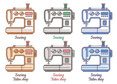 Electric sewing machine, tailor shop, sew or repair clothes, needlework icon set Stock Illustration